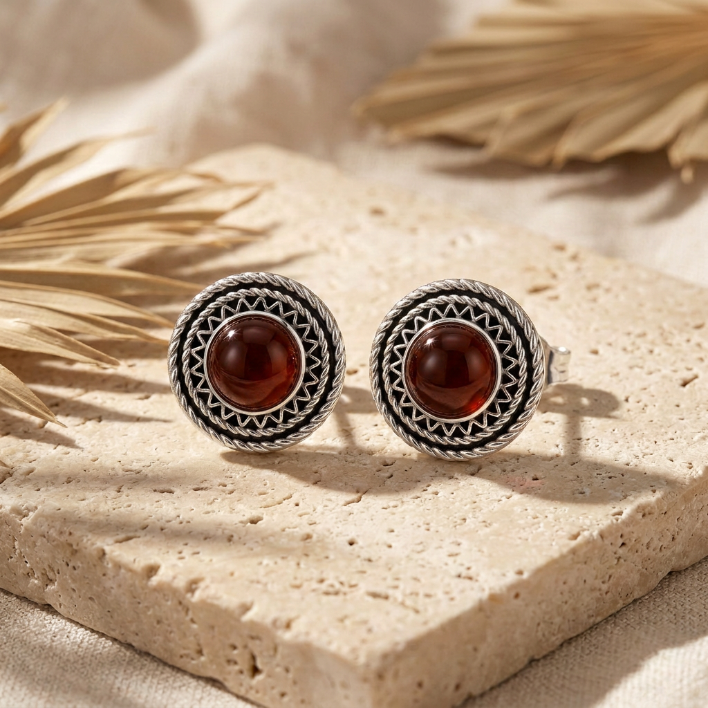 925 Silver Heritage Stud Earrings with Round Brown Agate Stone