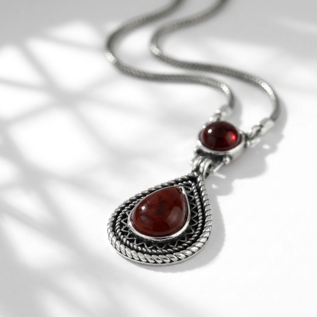 925 Silver Red Agate Necklace with a Heritage Design