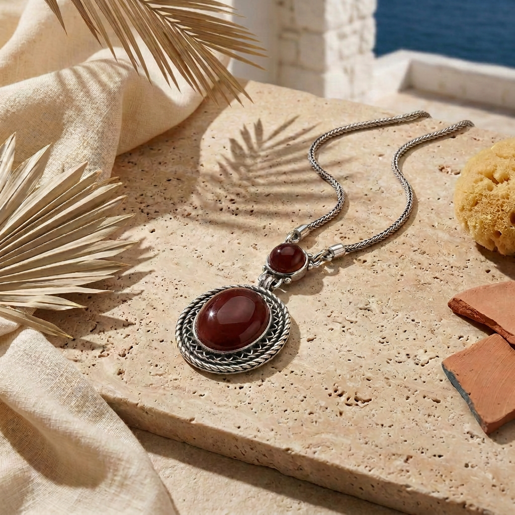 925 Silver Oval Red Agate Necklace – Heritage Design
