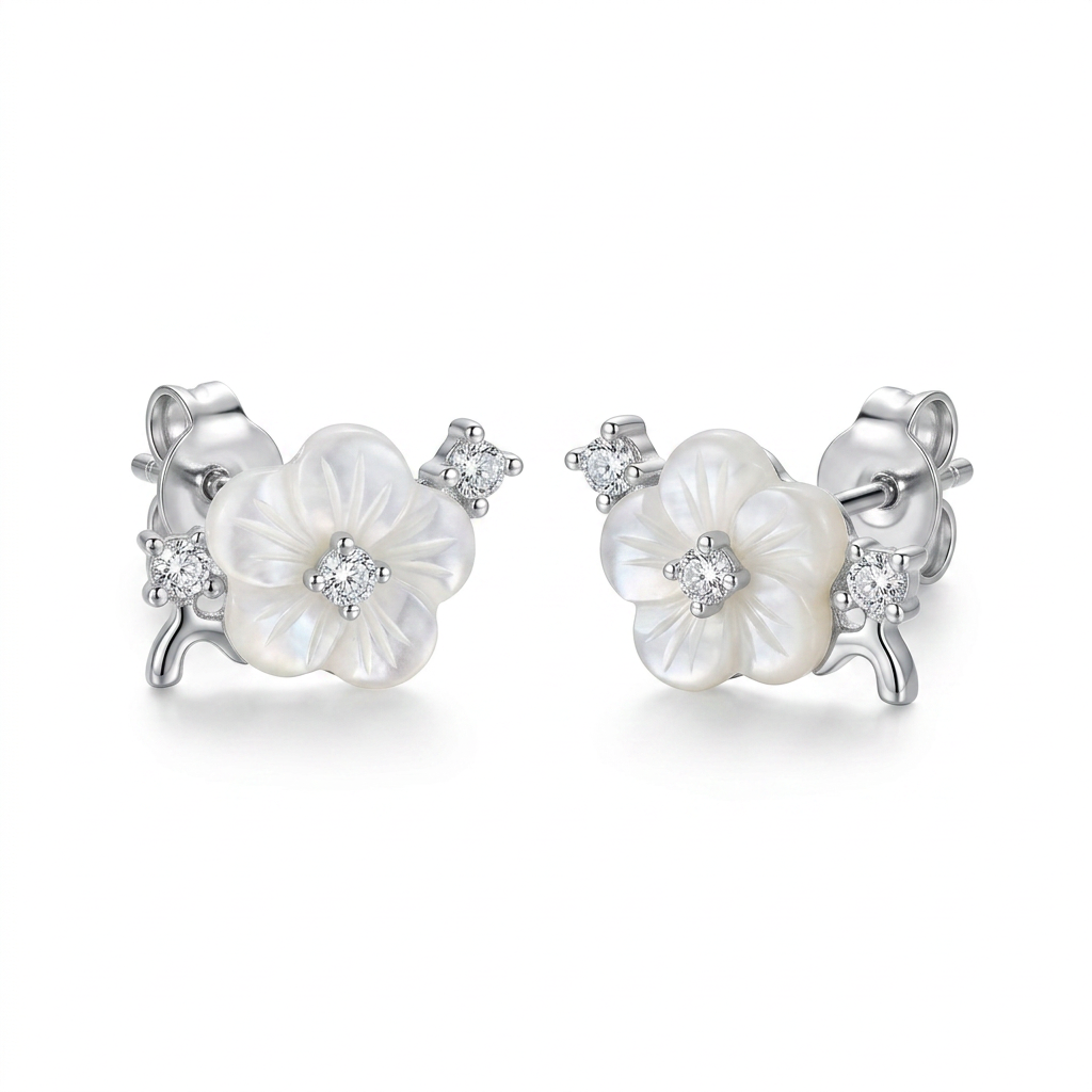 925 Silver Flower Earrings Adorned with Sparkling Stones