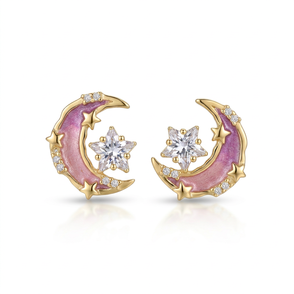 925 Silver Gold-Plated Earrings with Pink Crescent and Sparkling Star