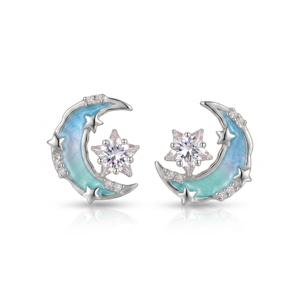 925 Silver Crescent Earrings with a Sparkling Star