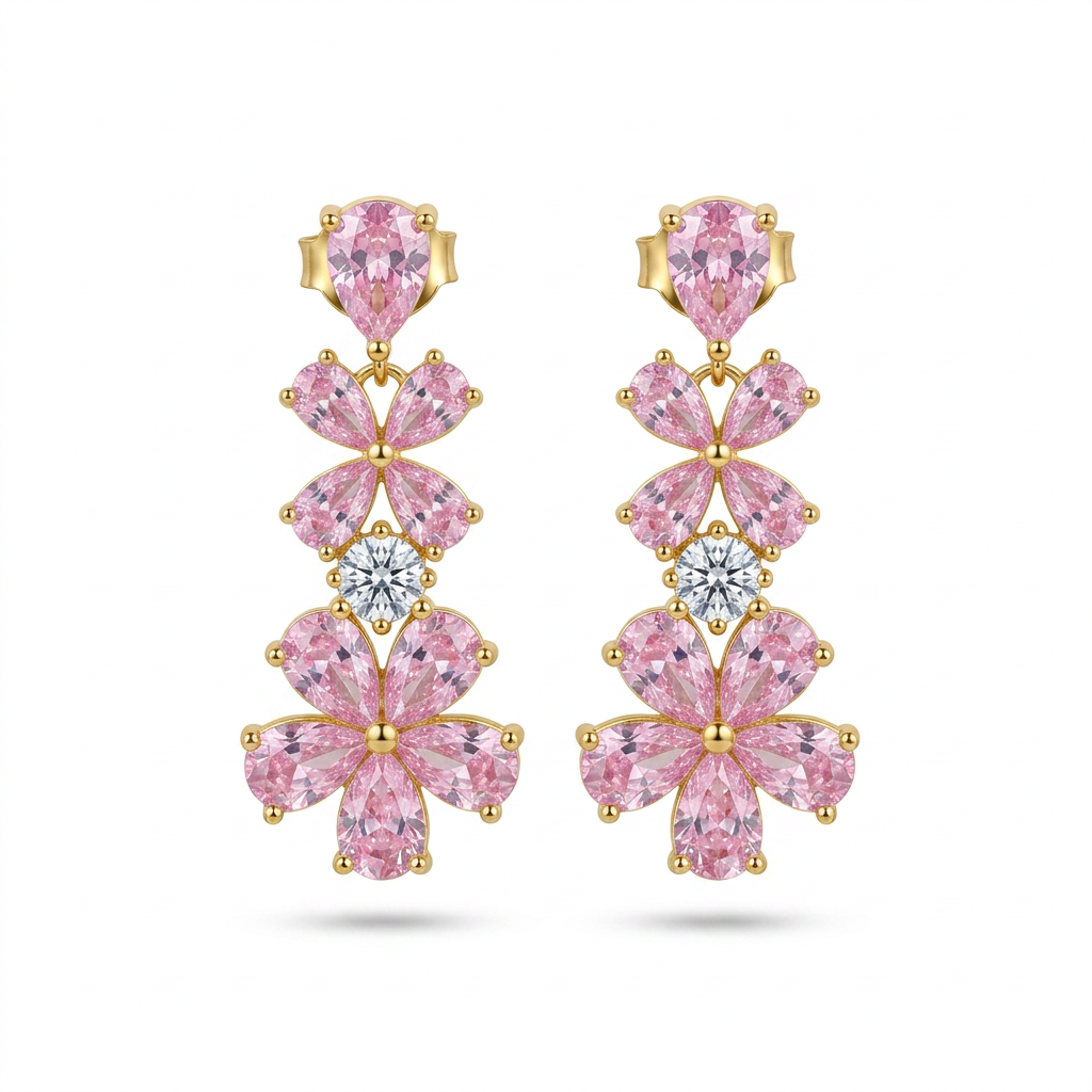 925 Silver Dangling Floral Earrings With Pink Stones - Gold Plated