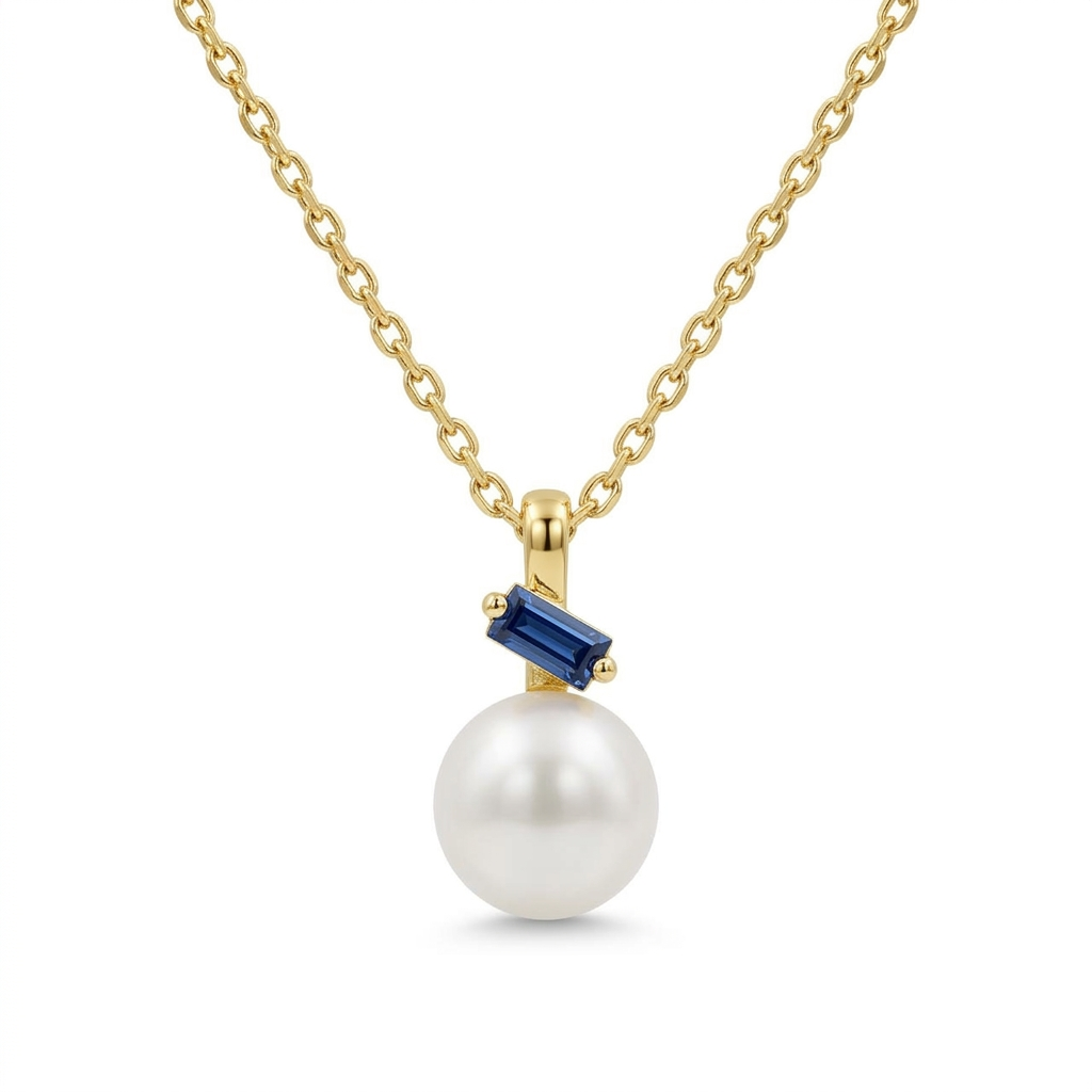 Pearl Necklace With Blue Stone 925 Sterling Silver - Gold Plated