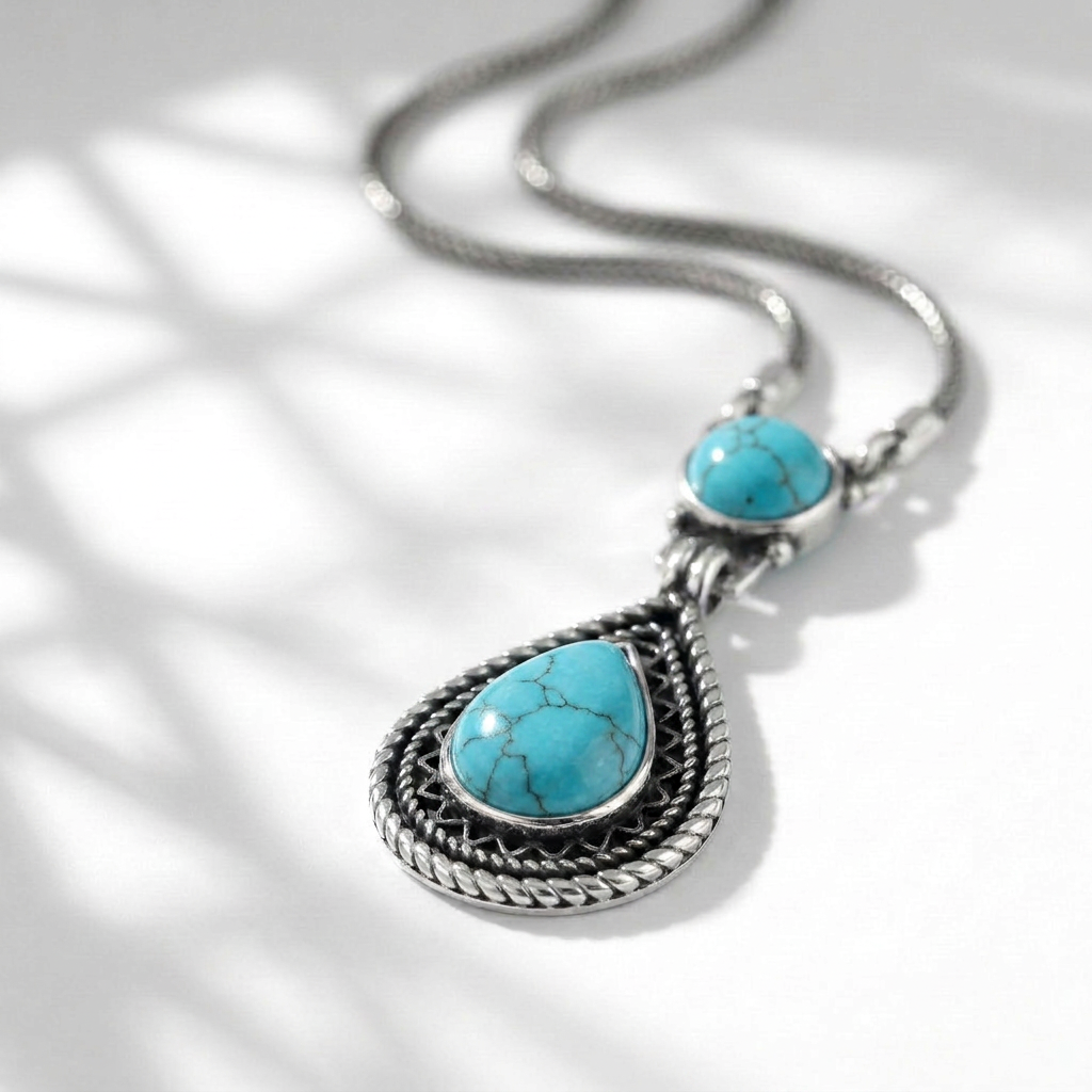 925 Silver Heritage-Inspired Necklace with a Teardrop Turquoise Stone