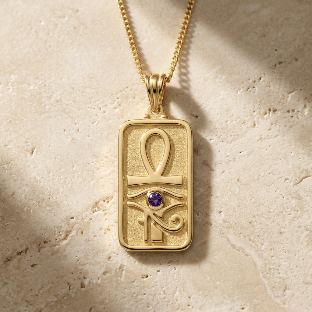 Eye of Horus and Ankh Rectangular Pharaonic Necklace 925 Silver Gold Plated with Purple Stone