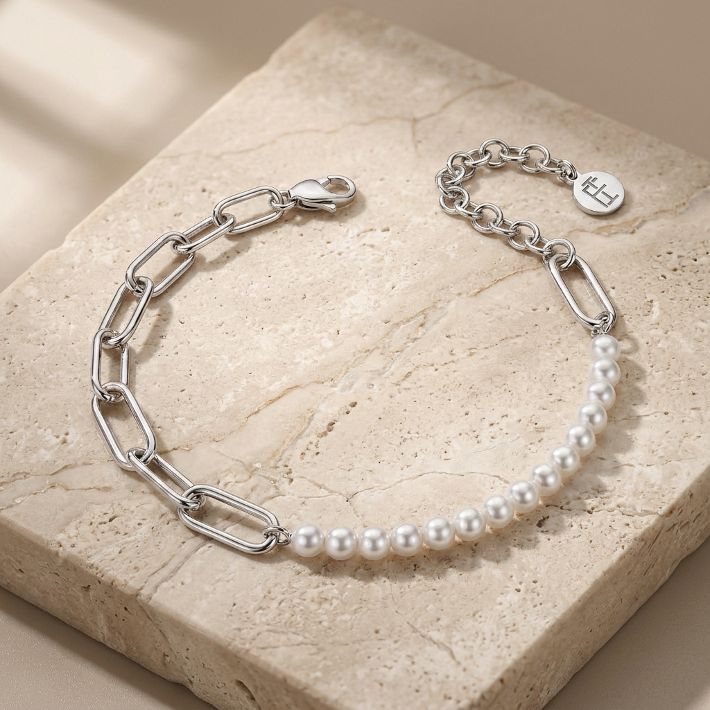 Paperclip Link Pearl Bracelet in 925 Silver