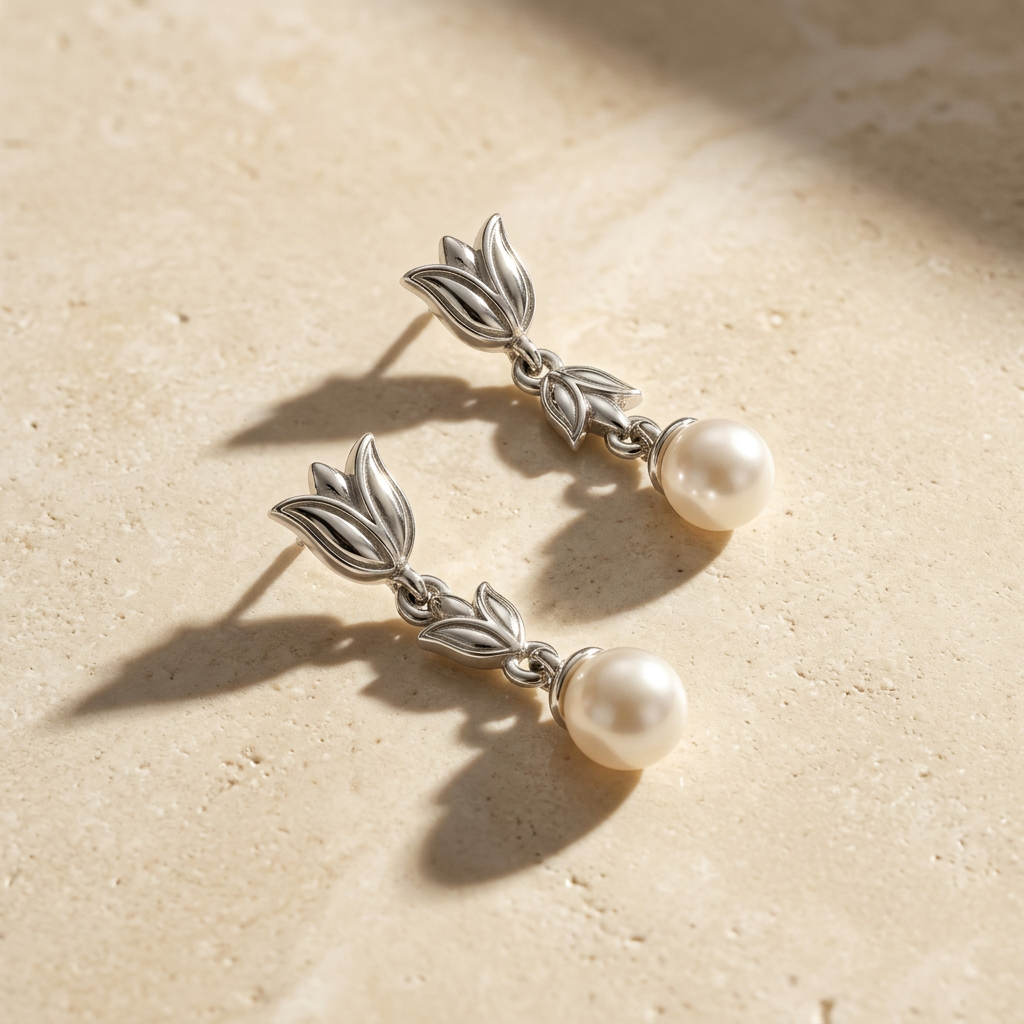 Lotus Flower Earrings with Dangling Pearl – 925 Silver