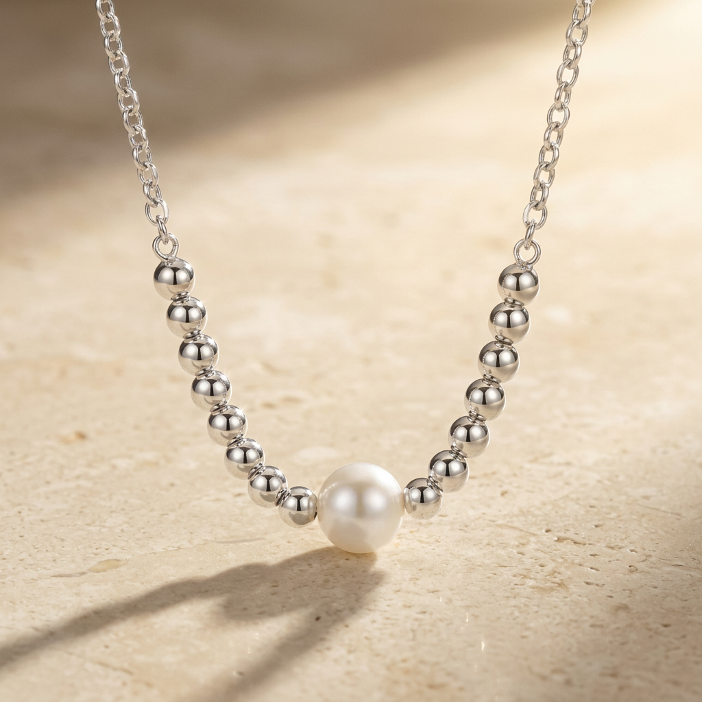 Silver Bead Necklace with Center Pearl, 925 Silver
