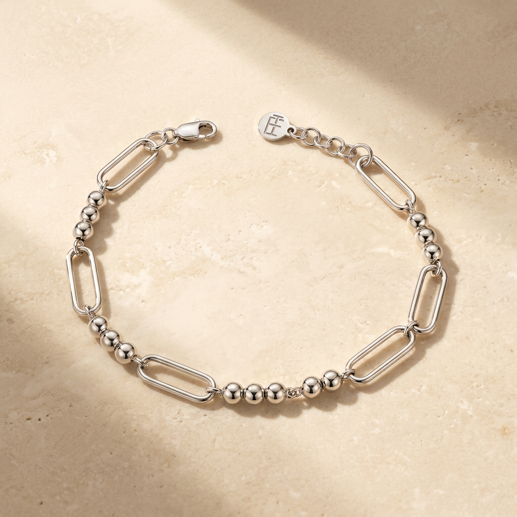 Paperclip Link Bead Bracelet in 925 Silver
