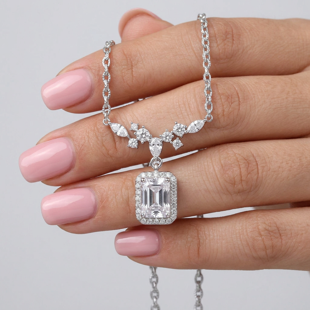 925 Silver Delicate Necklace with Rectangular Pendant Surrounded by White Stones