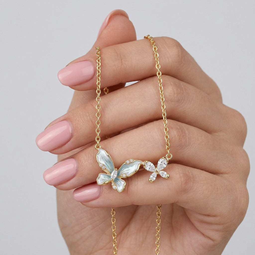 925 Silver Gold-Plated Elegant Butterfly Necklace with Blue Details