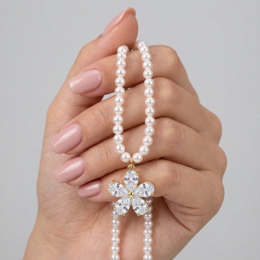 925 Silver Pearl Necklace with Encrusted Flower Pendant