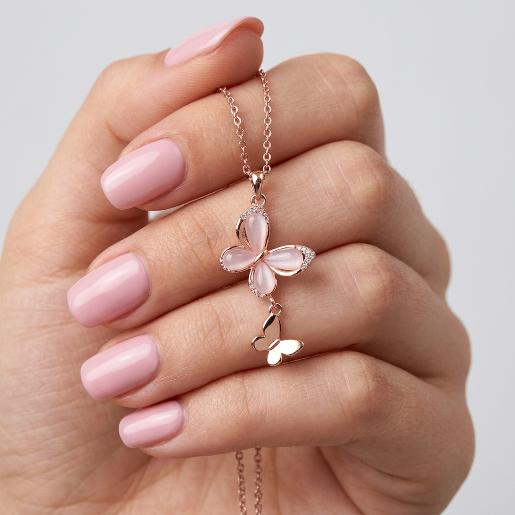 925 Silver Rose Gold Pink Butterfly Necklace