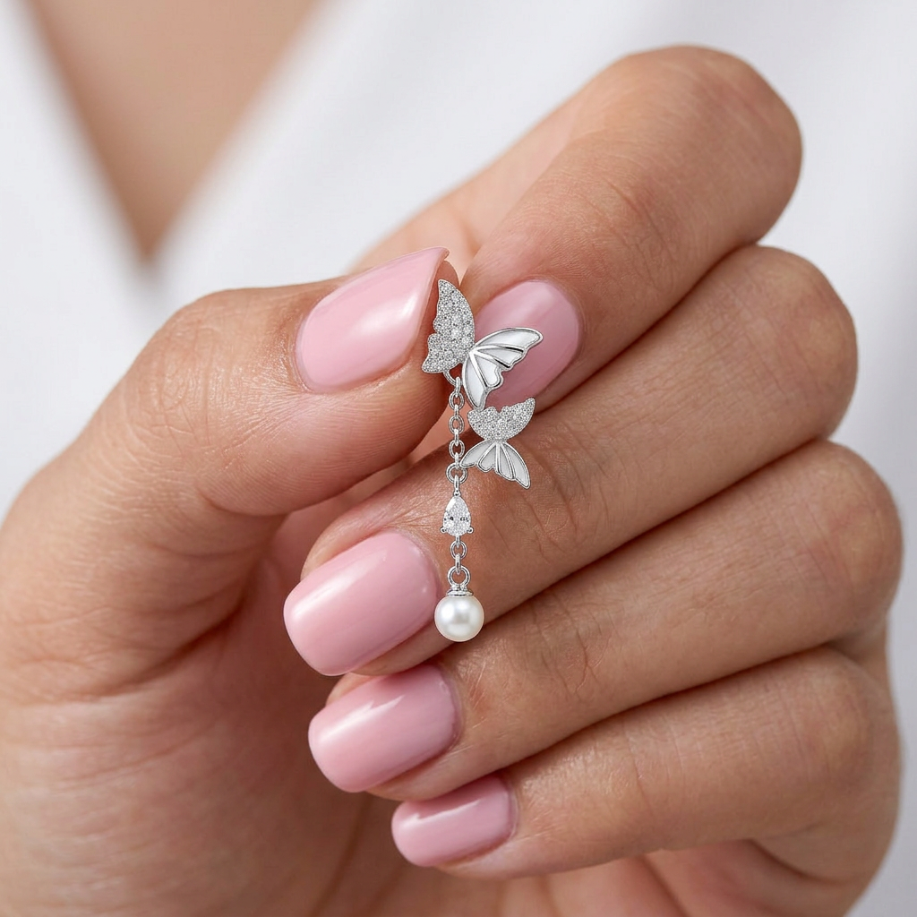Elegant 925  Silver Drop Earrings with Sparkling Butterfly Design
