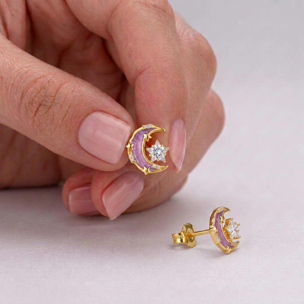 925 Silver Gold-Plated Earrings with Pink Crescent and Sparkling Star