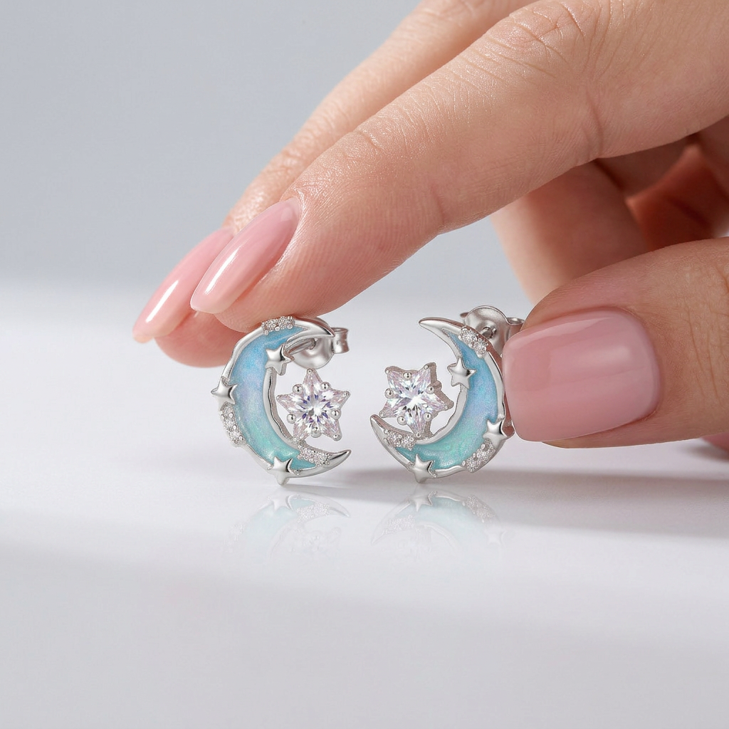 925 Silver Crescent Earrings with a Sparkling Star