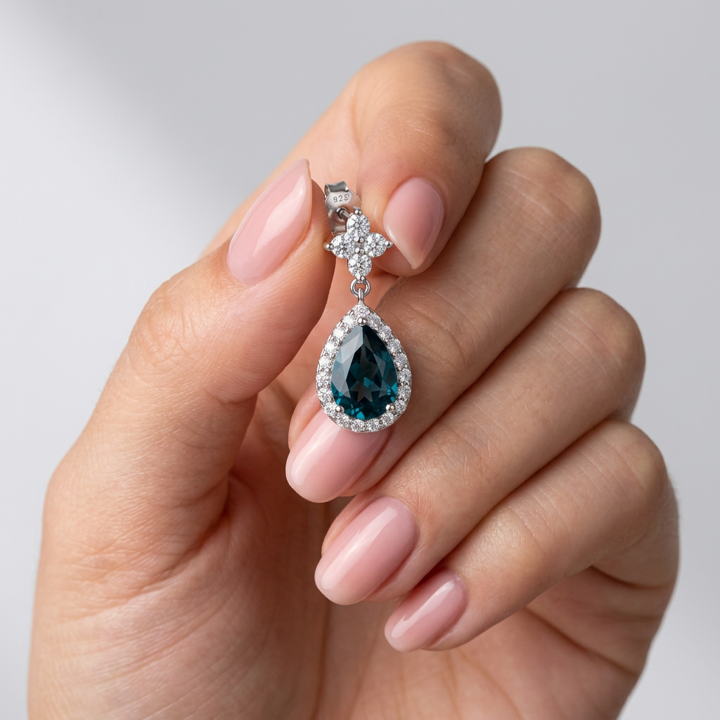 925 Silver Petrol Blue Teardrop Earrings with Zircon