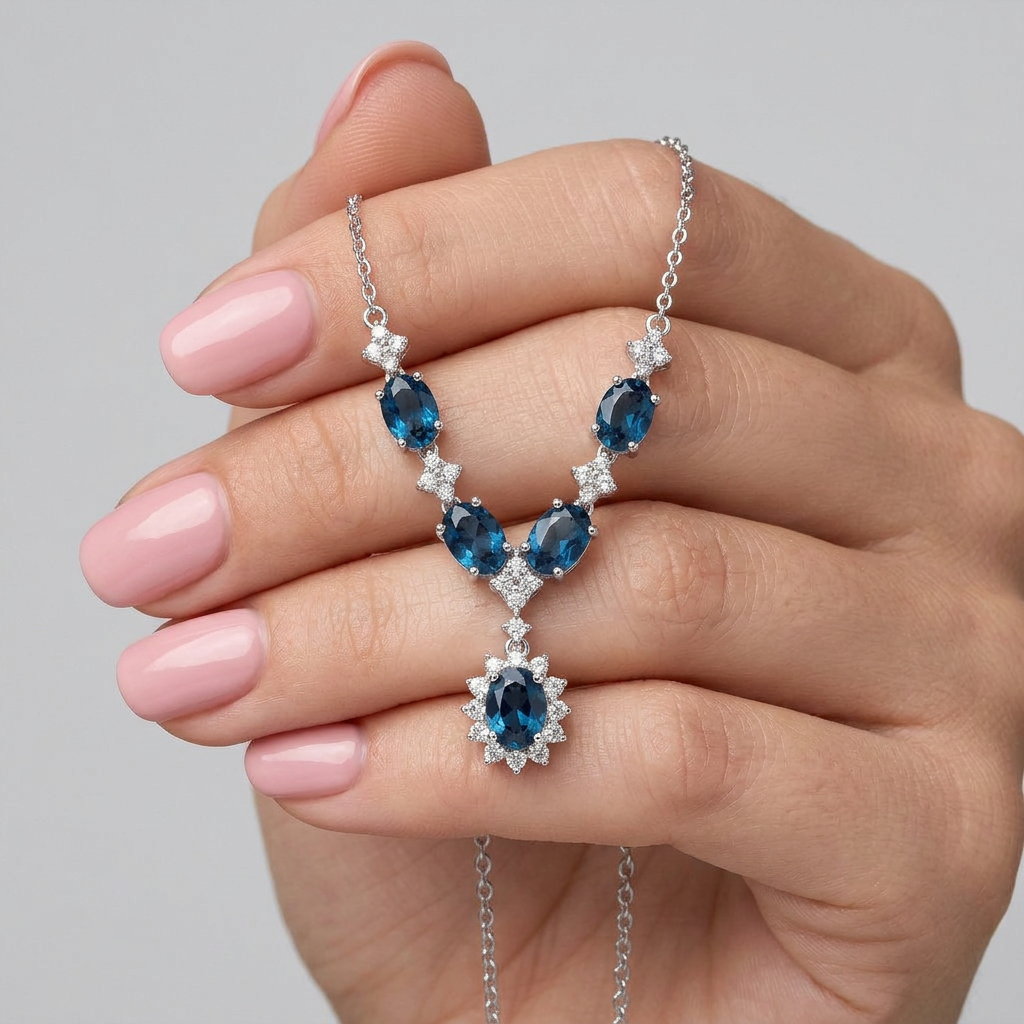 925 Silver Sparkling Blue Stones Necklace