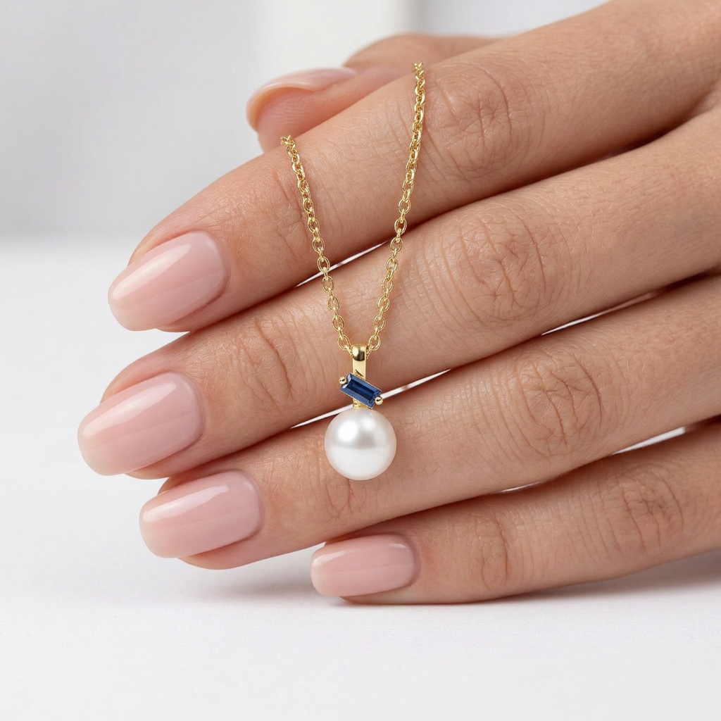 Pearl Necklace With Blue Stone 925 Sterling Silver - Gold Plated