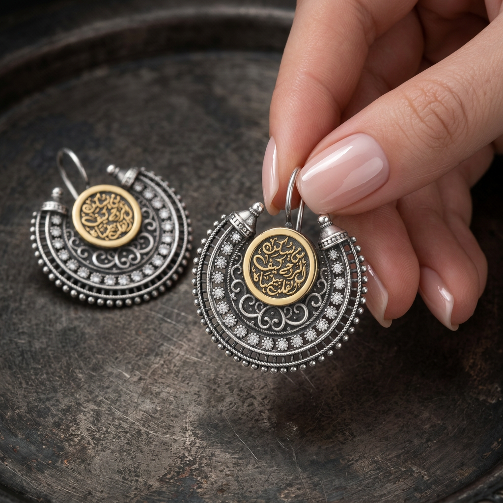 925 Silver Earrings with the Phrase "Man Yaskun Al Rouh Kaif Al Qalb Yansah"