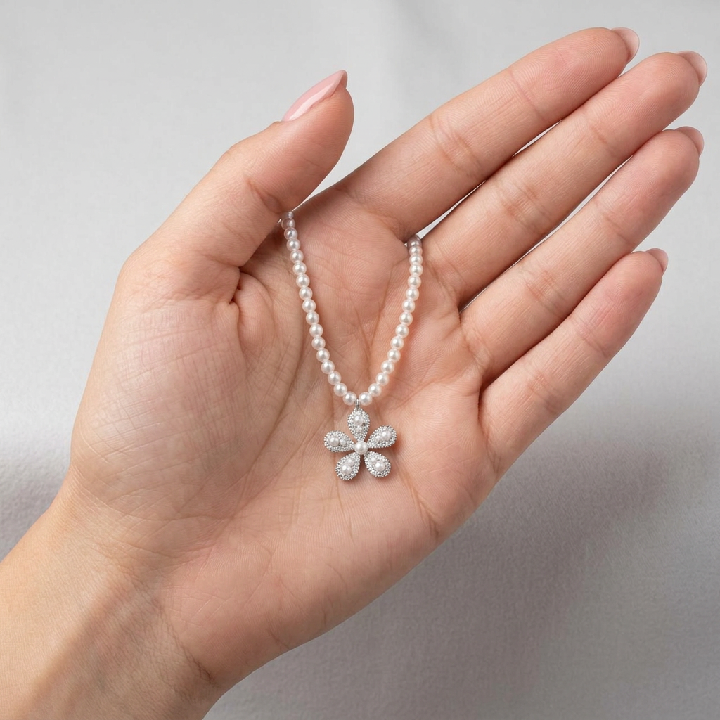 Pearl Necklace with Stone-Set Flower Pendant