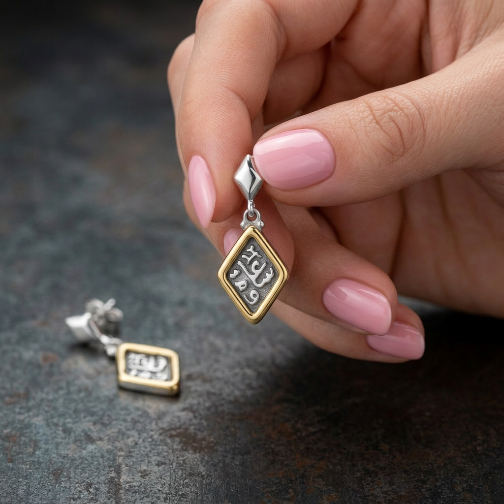 "حلق فضة عيار 925 بتصميم منقوش بكلمة "سعادة