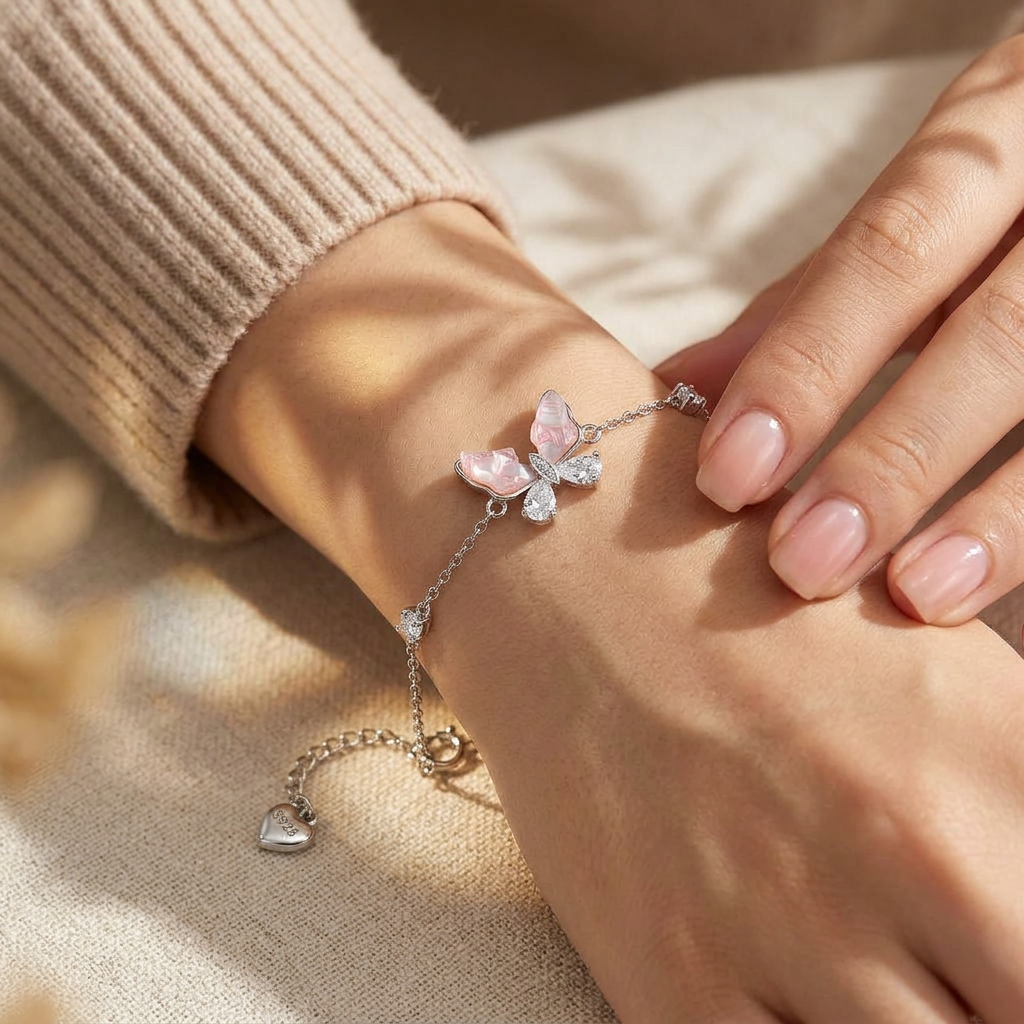 925 Silver Pink Butterfly Bracelet