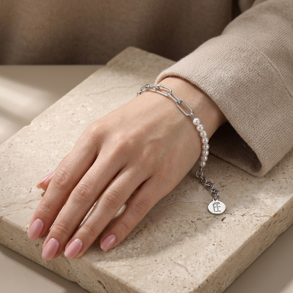 Paperclip Link Pearl Bracelet in 925 Silver