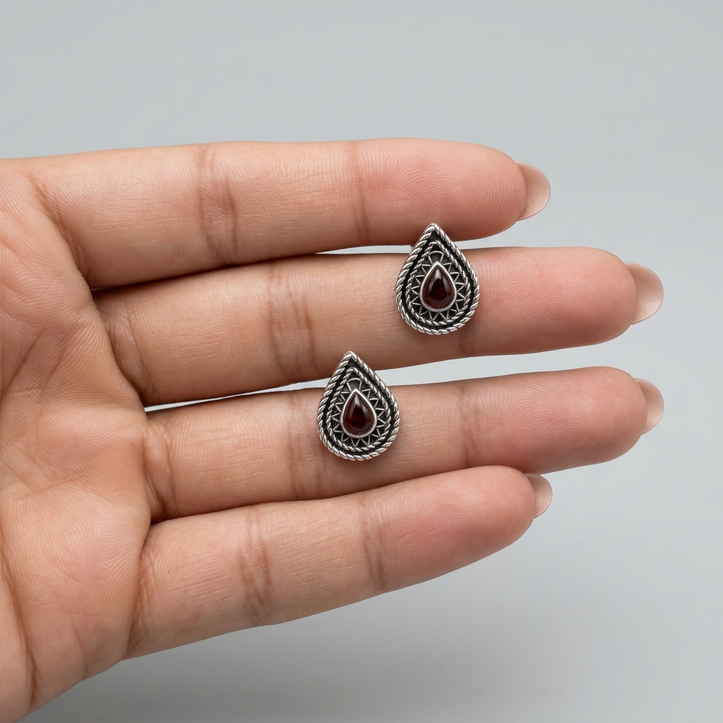 925 Silver Teardrop Earrings with a Red Agate Stone