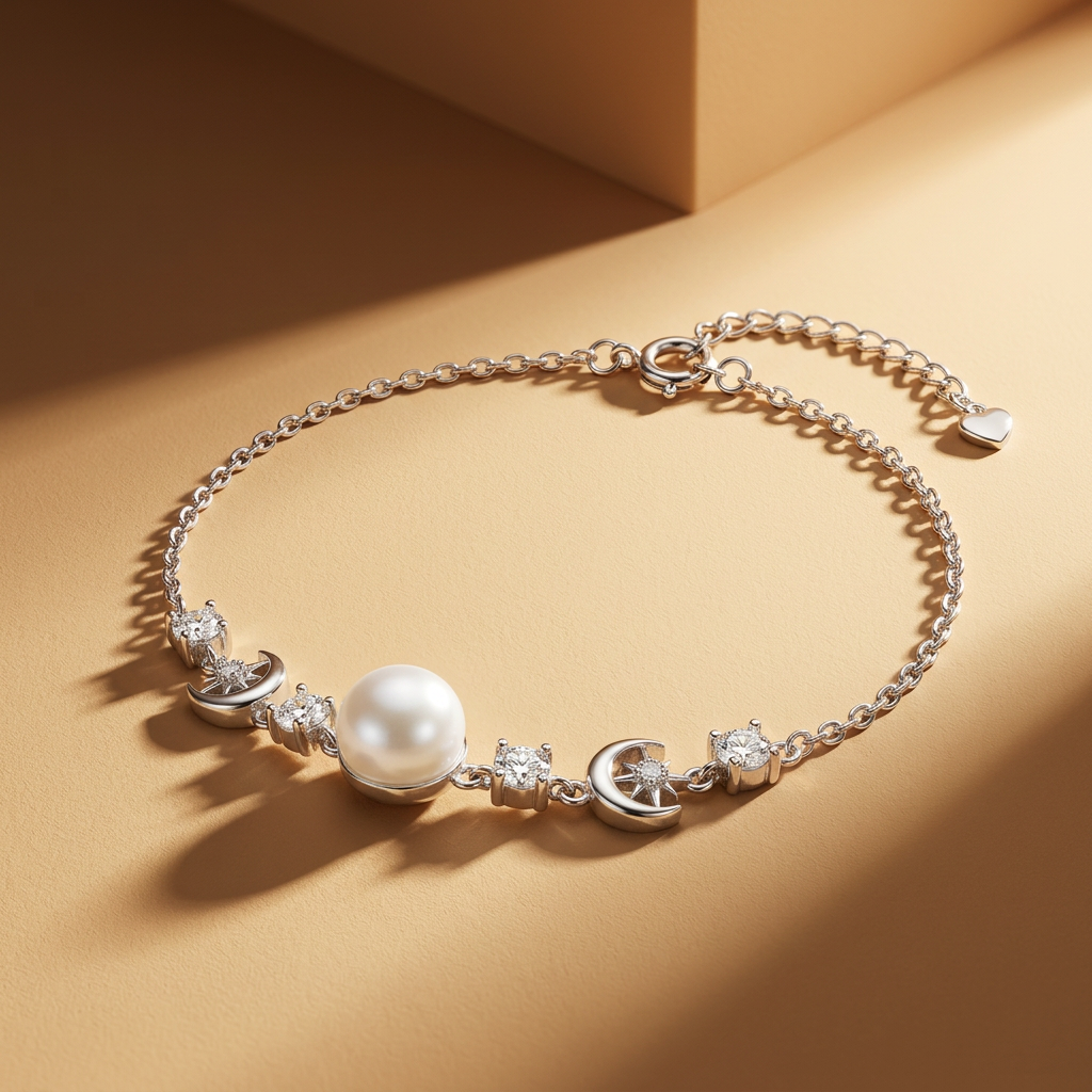 925 Silver Bracelet with a Pearl Between Two Zircon-Studded Crescents