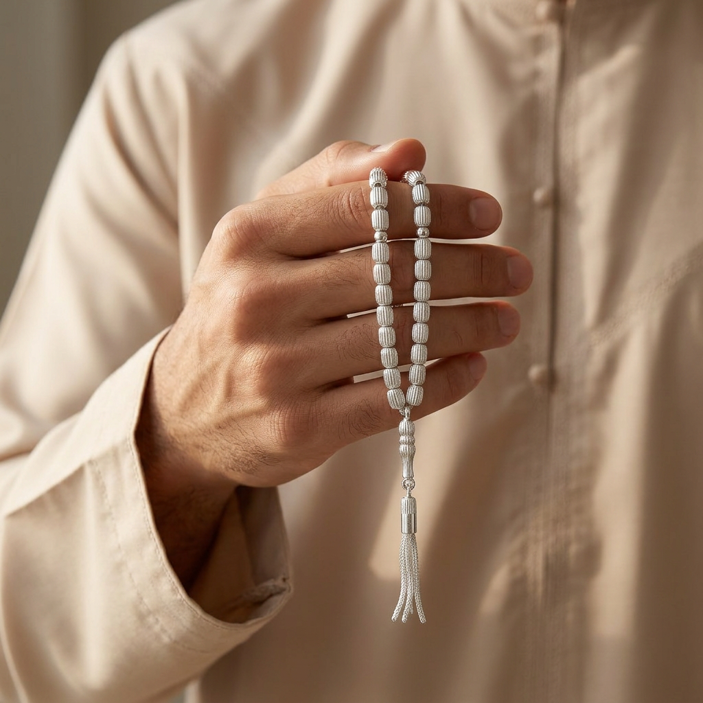 سبحة فضة رجالي عيار 925 - 33 حبة أسطوانية مخططة