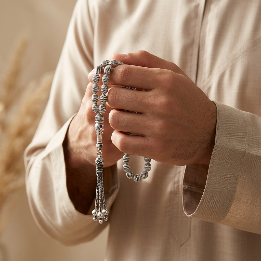 سبحة فضة رجالي عيار 925 - 33 حبة بيضاوية شبكية