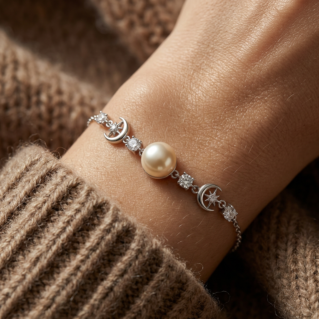 925 Silver Bracelet with a Pearl Between Two Zircon-Studded Crescents