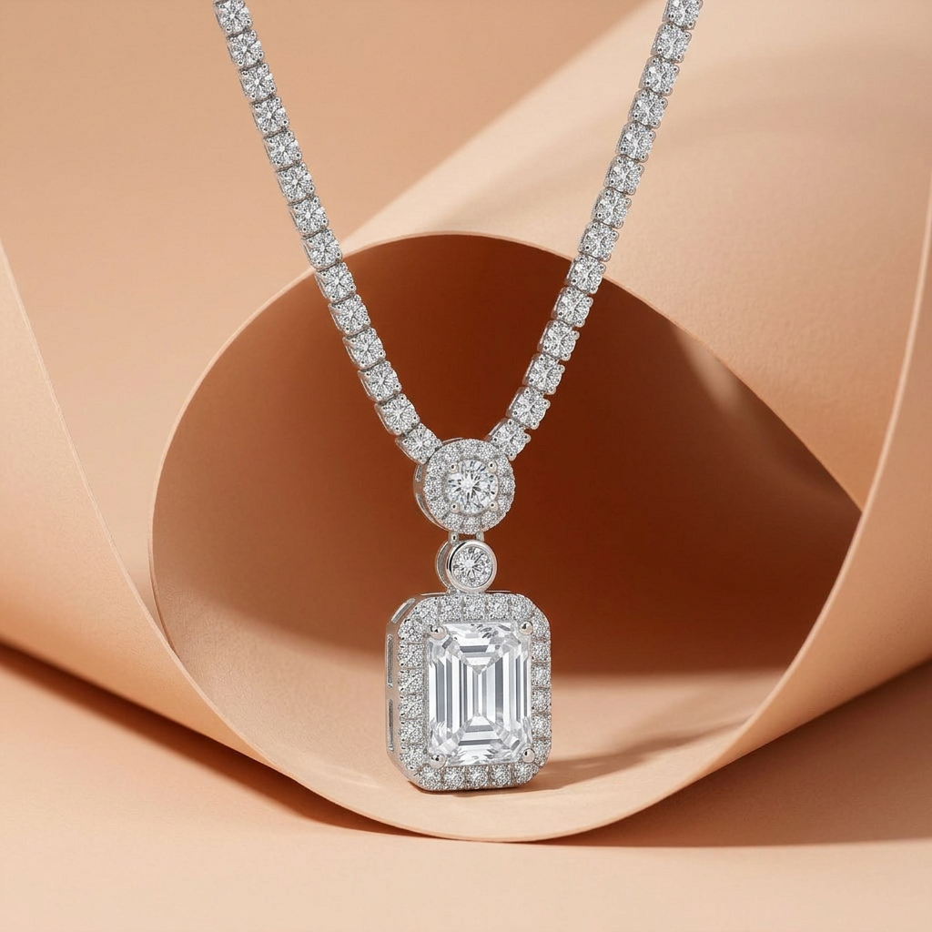 925 Silver Necklace with Sparkling Geometric Pendant and Encrusted Chain