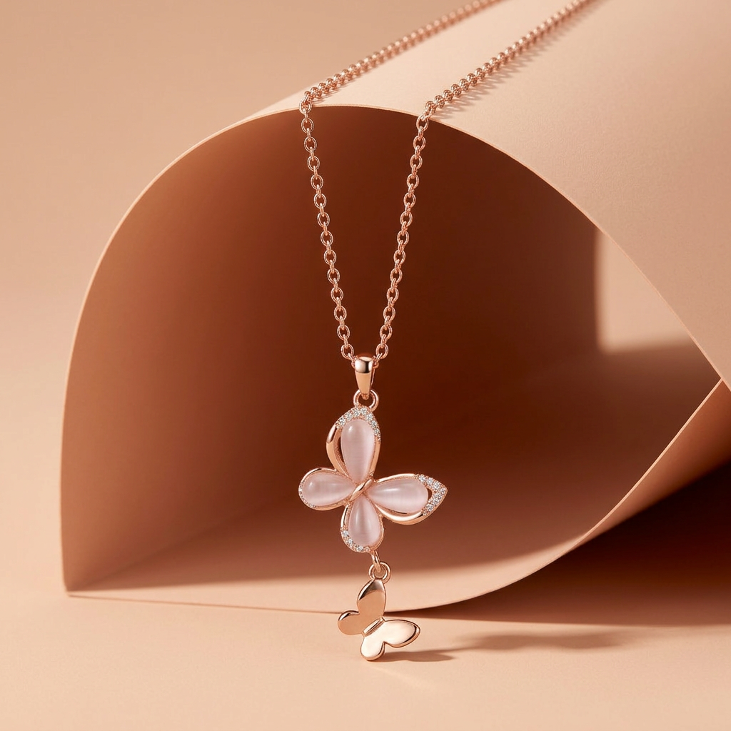 925 Silver Rose Gold Pink Butterfly Necklace