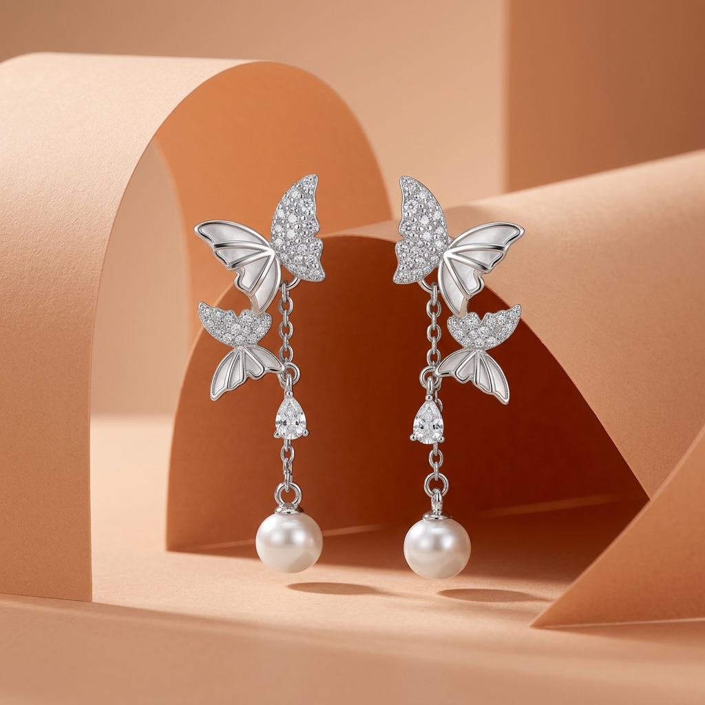 Elegant 925  Silver Drop Earrings with Sparkling Butterfly Design