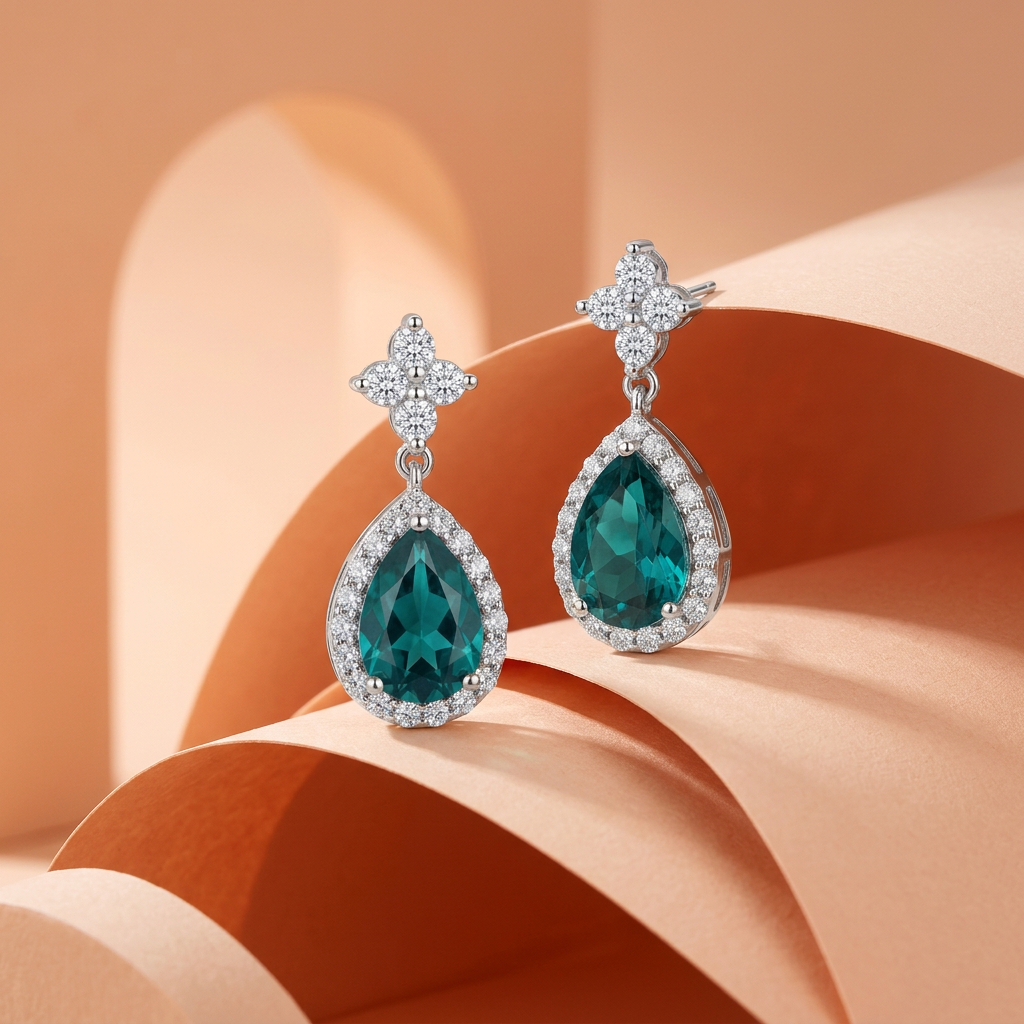 925 Silver Petrol Blue Teardrop Earrings with Zircon