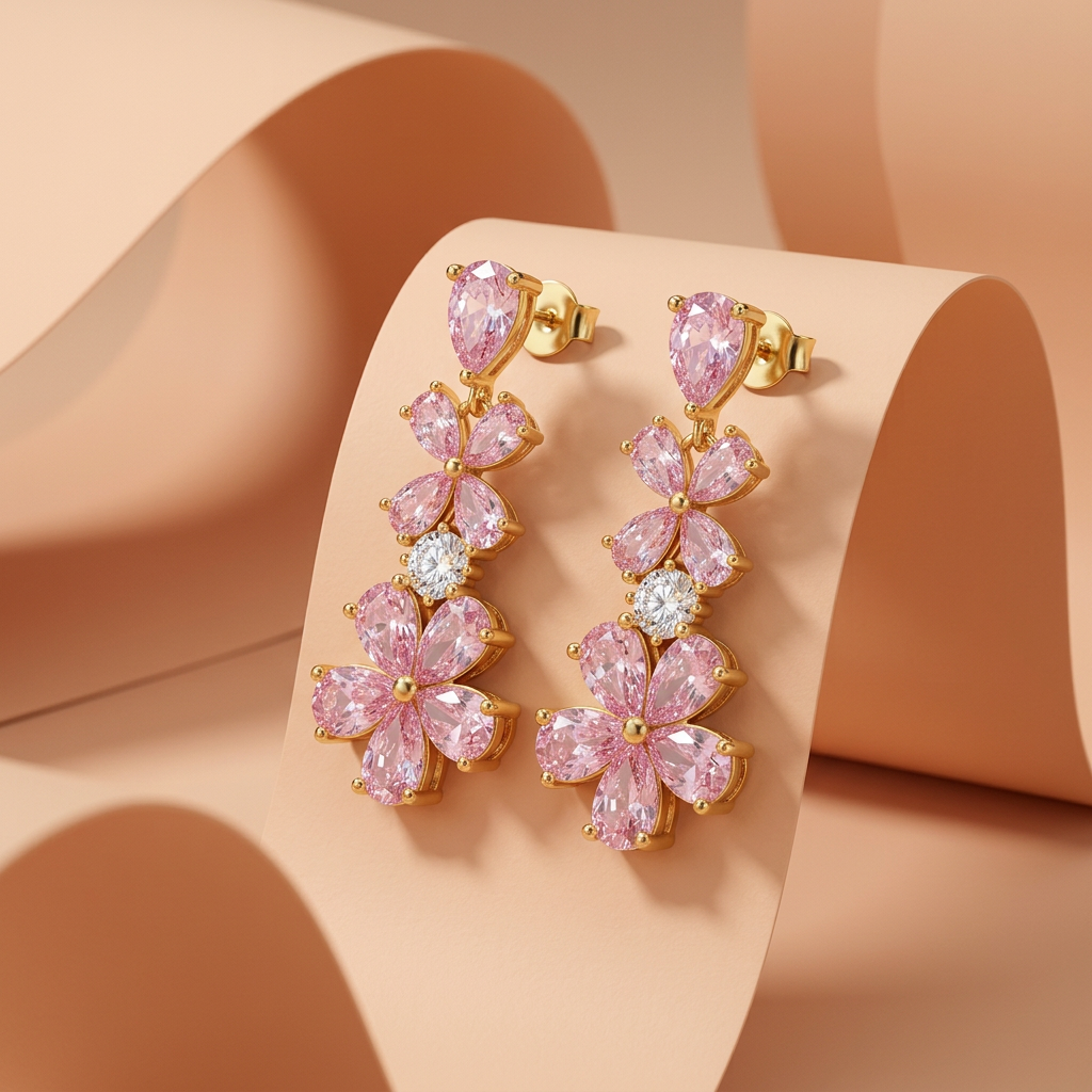 925 Silver Dangling Floral Earrings With Pink Stones - Gold Plated