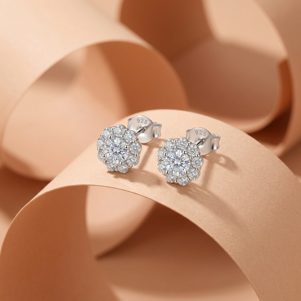 925 Silver Flower Design Zircon Earrings