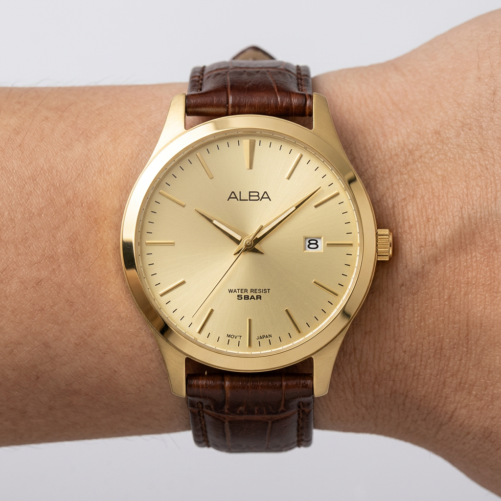 Alba Men's Watch Brown Leather Strap Gold Dial AS9M36X1