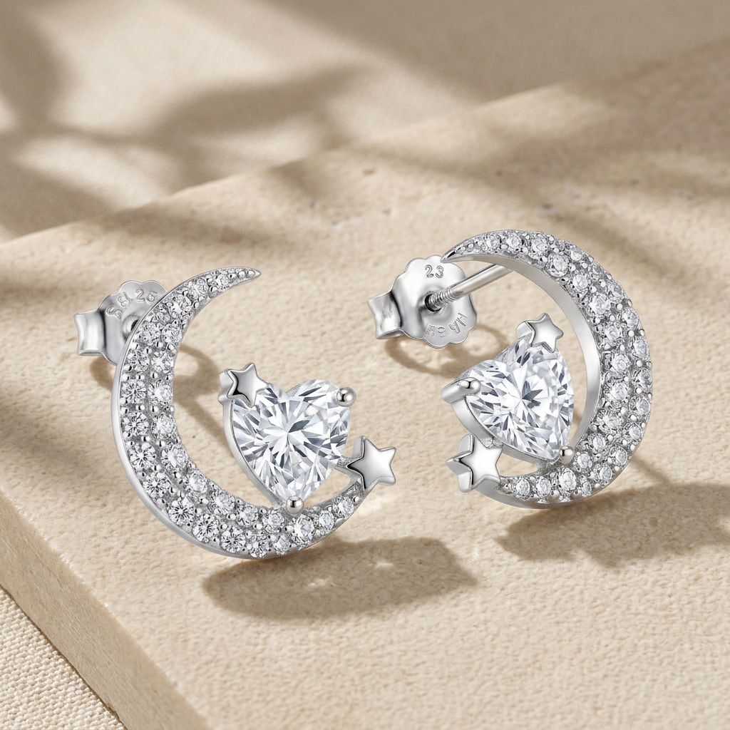 Sparkling Heart Crescent Moon Stud Earrings