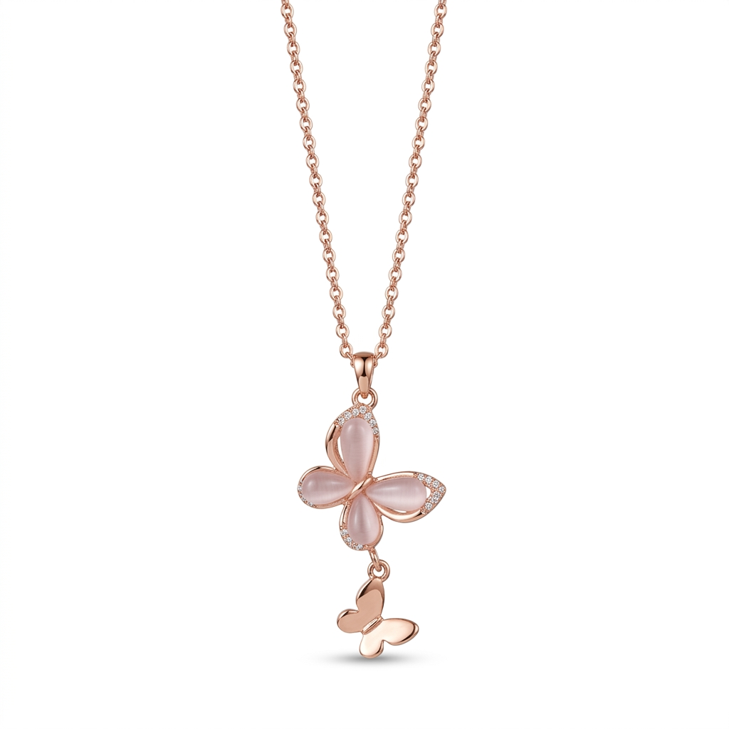925 Silver Rose Gold Pink Butterfly Necklace
