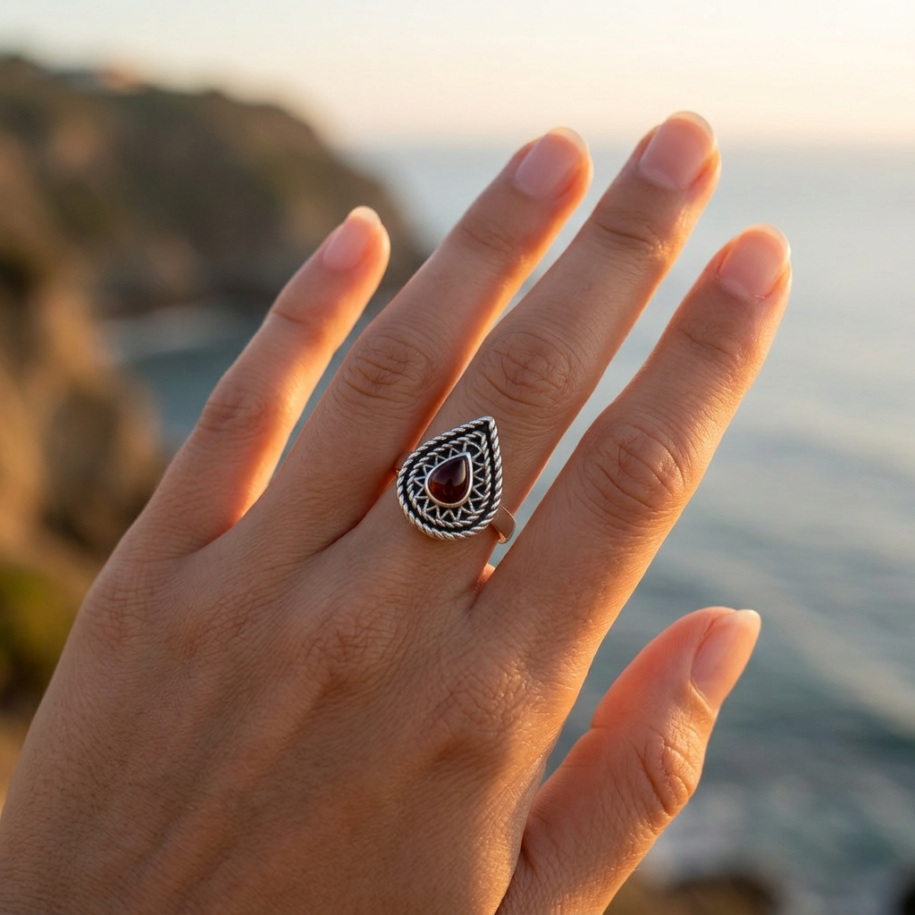 925 Silver Heritage-Inspired Ring with a Teardrop Agate Stone