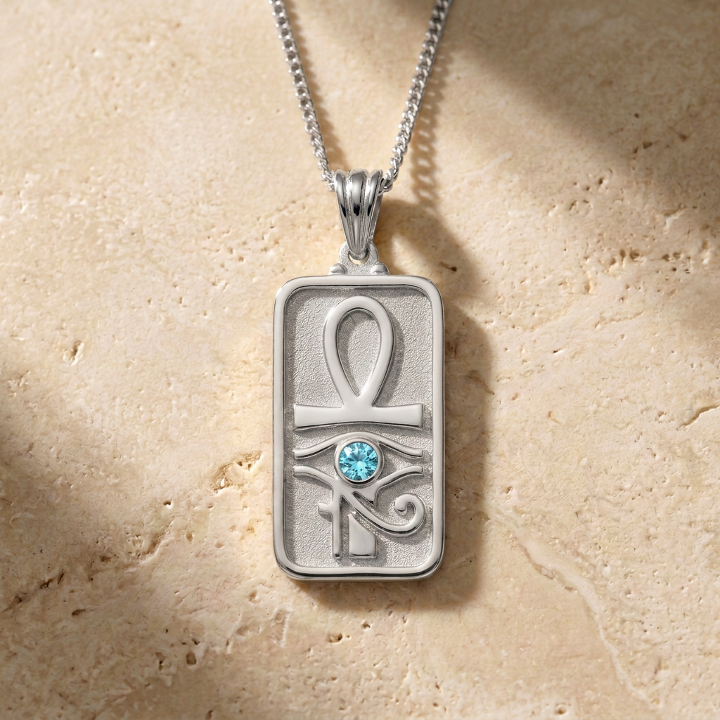Eye of Horus and Ankh Rectangular Pharaonic Necklace 925 Silver with Blue Stone