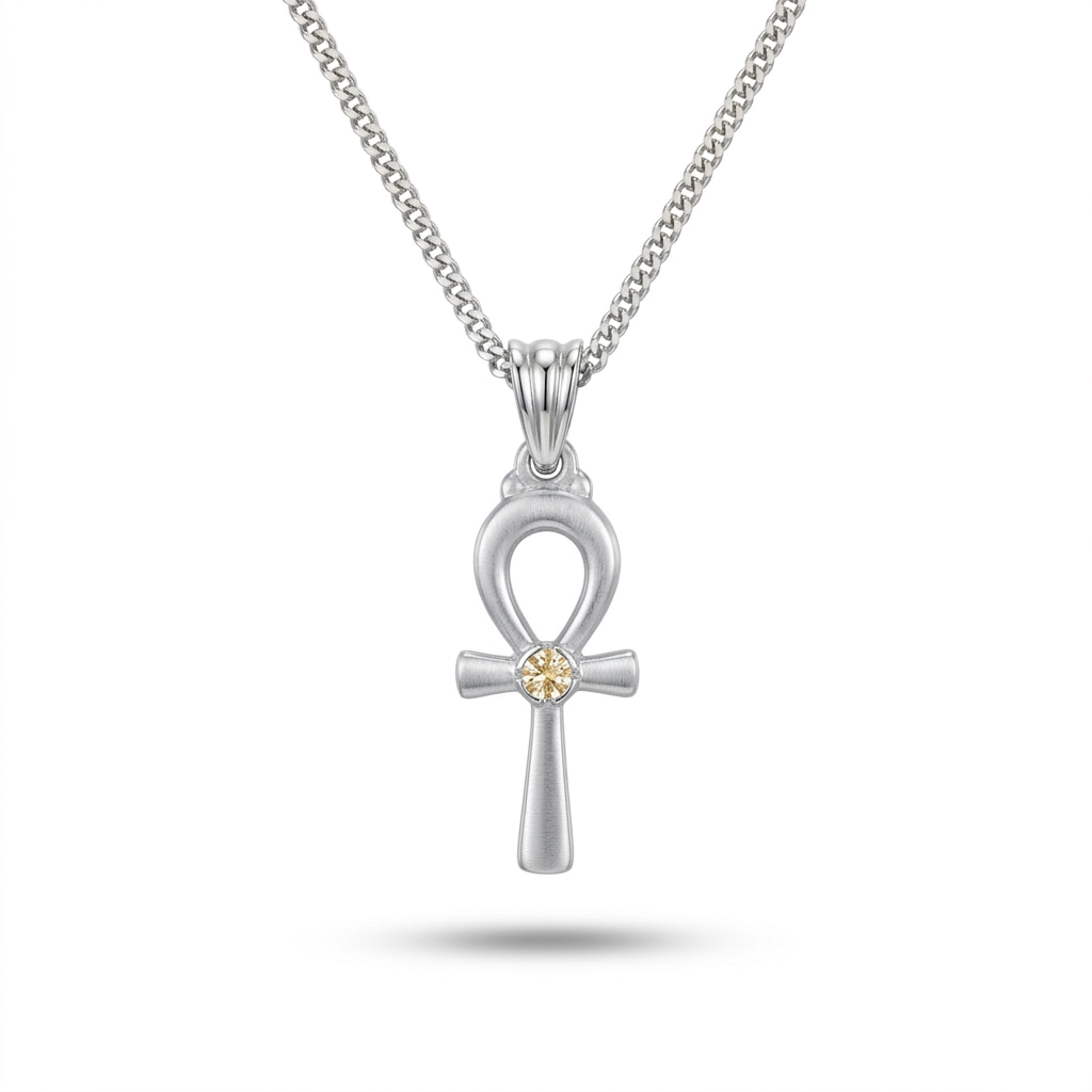 Silver Pharaonic Ankh Pendant Necklace with Gold Stone 925 Silver
