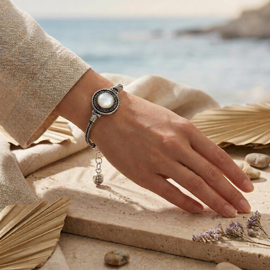925 Silver Bracelet with a Round Mother-of-Pearl Stone