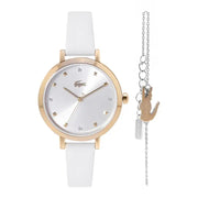 Lacoste Women's Watch Set With White Leather Strap, Silver Dial And Lacoste Signature Bracelet