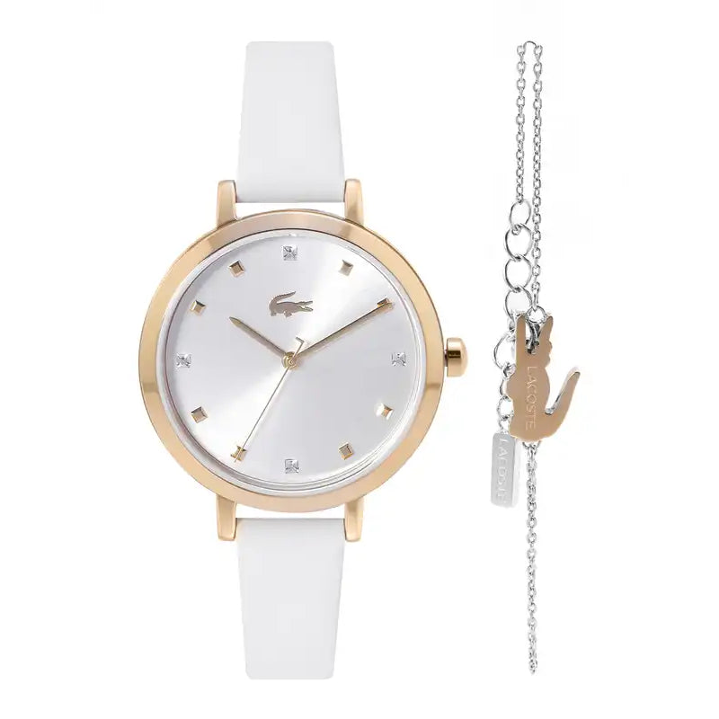 Lacoste Women's Watch Set With White Leather Strap, Silver Dial And Lacoste Signature Bracelet