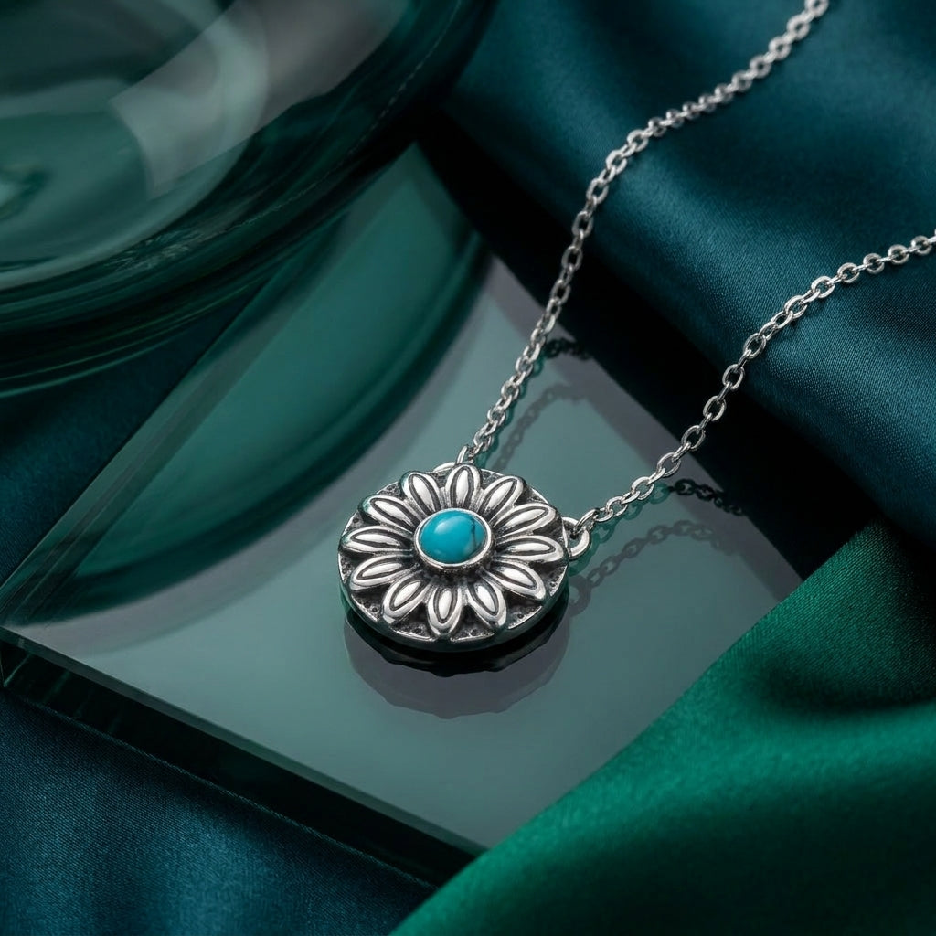 925 Silver Flower Necklace with Turquoise Stone in a Round Design